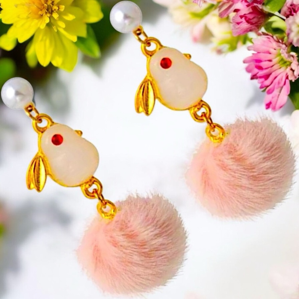 Bunny Rabbit Faux Pearl & Fur, Pink, White, Gold Stud Dangle Earrings Easter - Picture 2 of 5